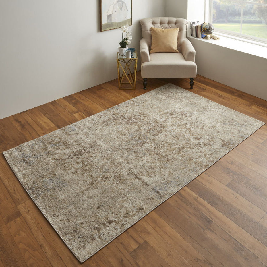 Abstract Power Loom Distressed Area Rug - Tan Silver And Ivory - 8' X 10'