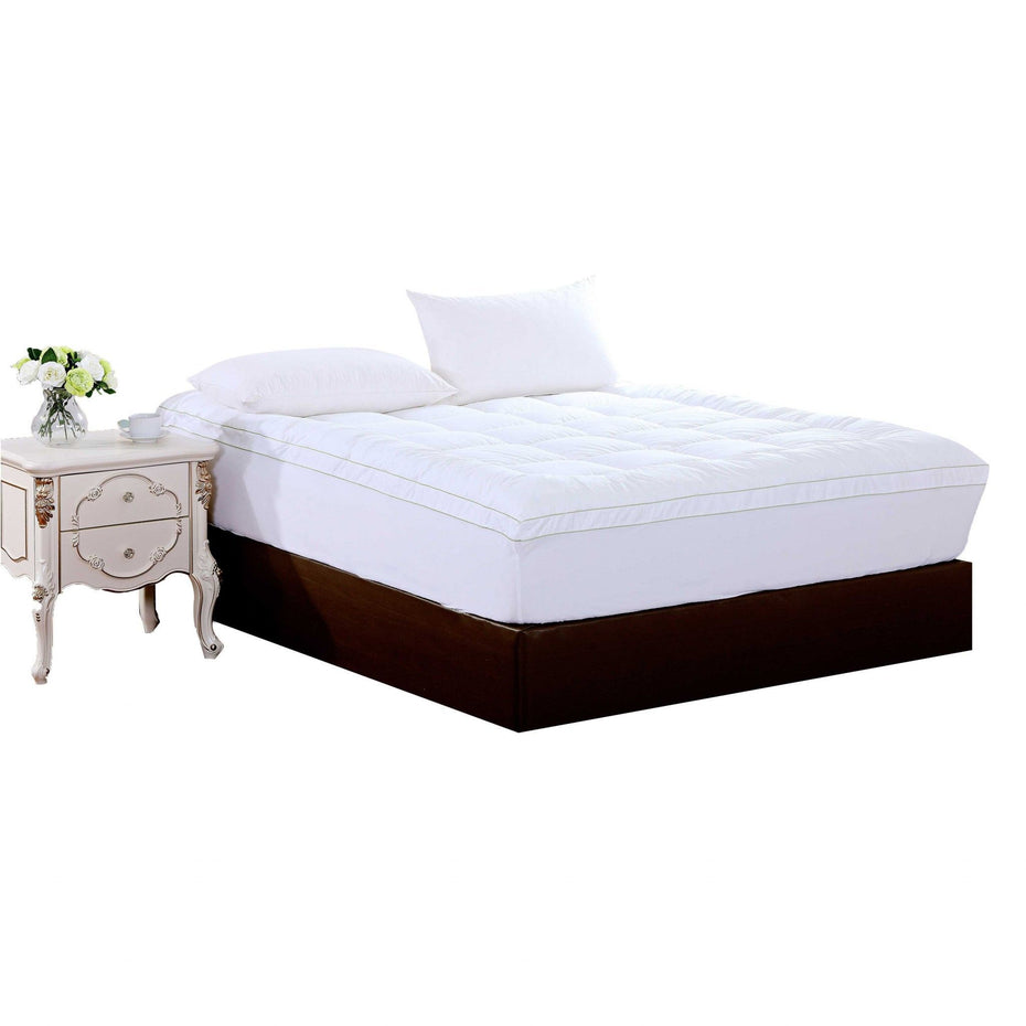 Square Quilted Queen Accent Piping Mattress Pad With Fitted Cover - White