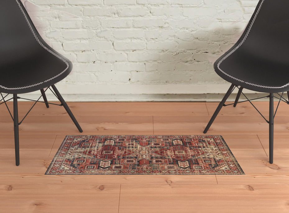 Abstract Power Loom Distressed Stain Resistant Area Rug - Red Tan And Black - 2' X 3'