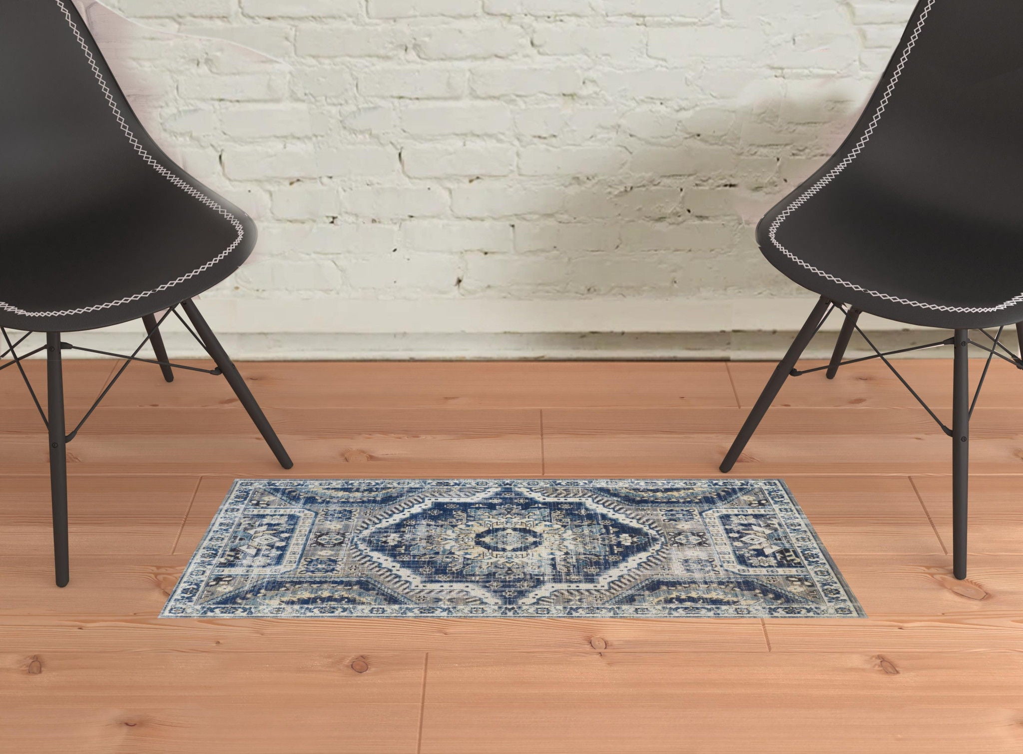 Abstract Distressed Stain Resistant Power Loom Area Rug - Blue And Ivory - 2' X 3'