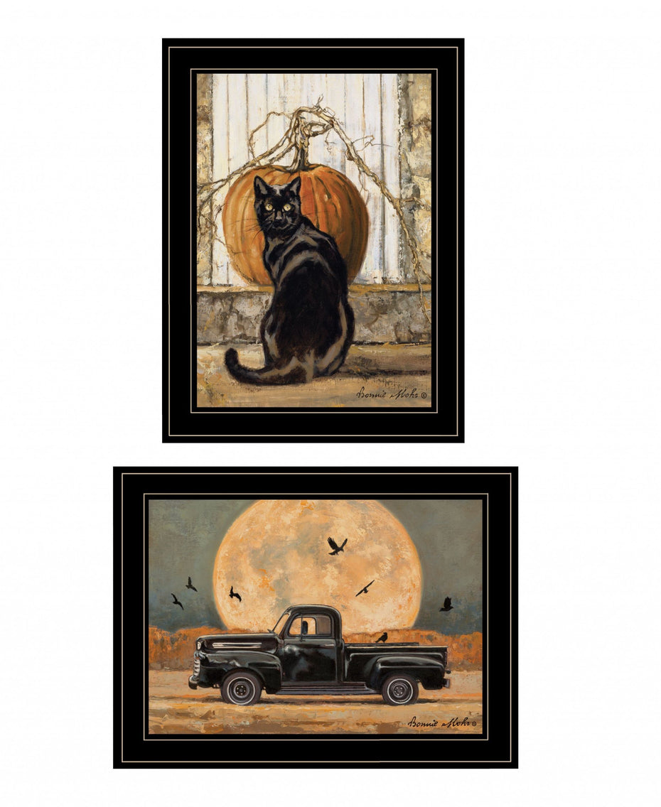 Harvest Moon With A Black Cat And Truck 2 Framed Print Wall Art (Set of 2) - Black