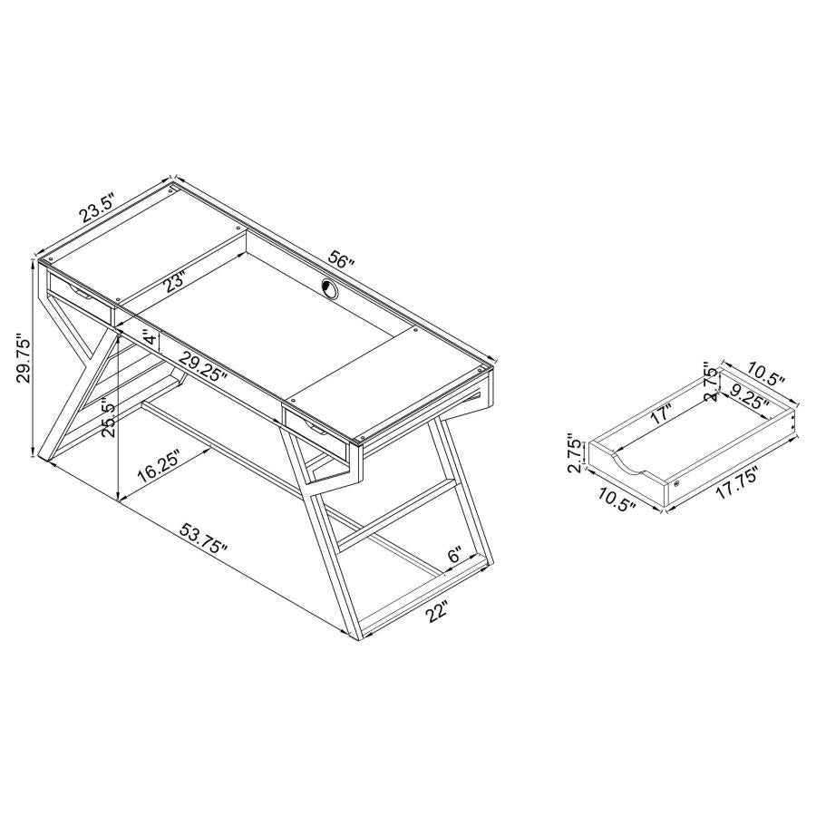 Emelle - 2-Drawer Glass Top Writing Desk - Gray Driftwood And Chrome