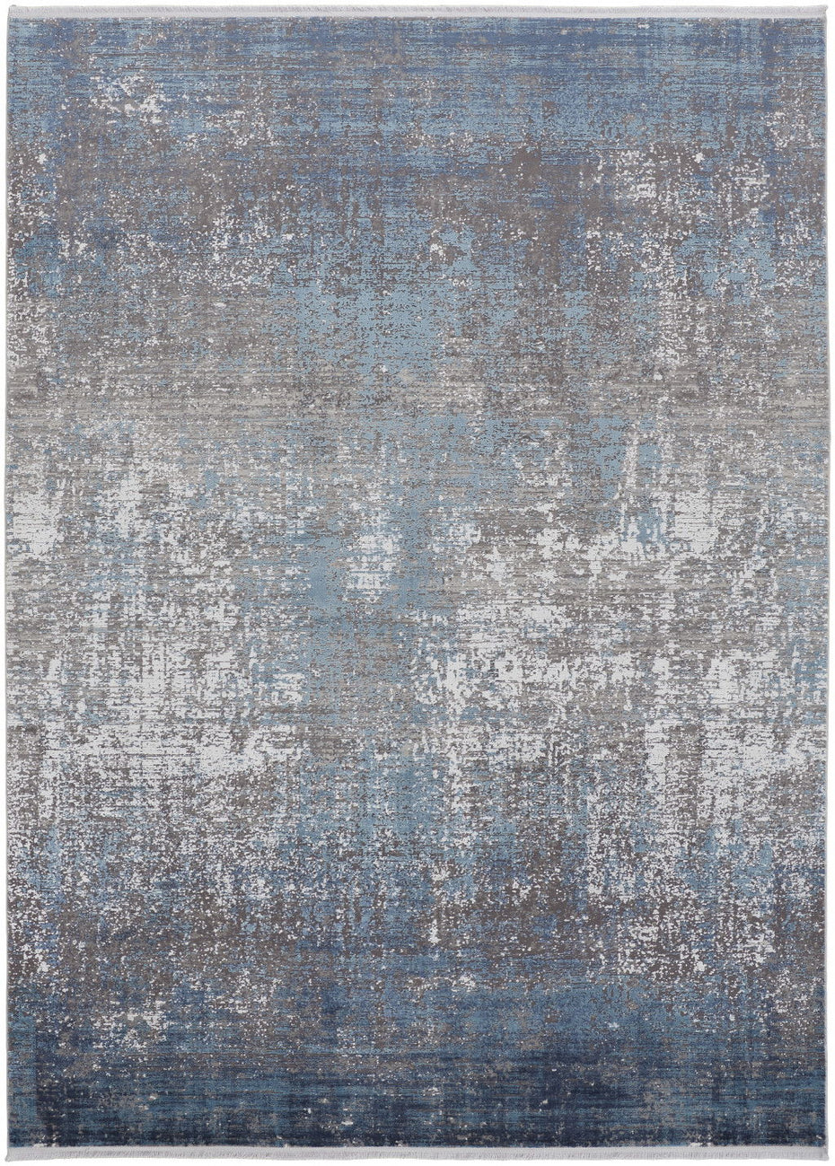 Abstract Power Loom Distressed Area Rug With Fringe - Blue Gray And Silver - 5' X 8'