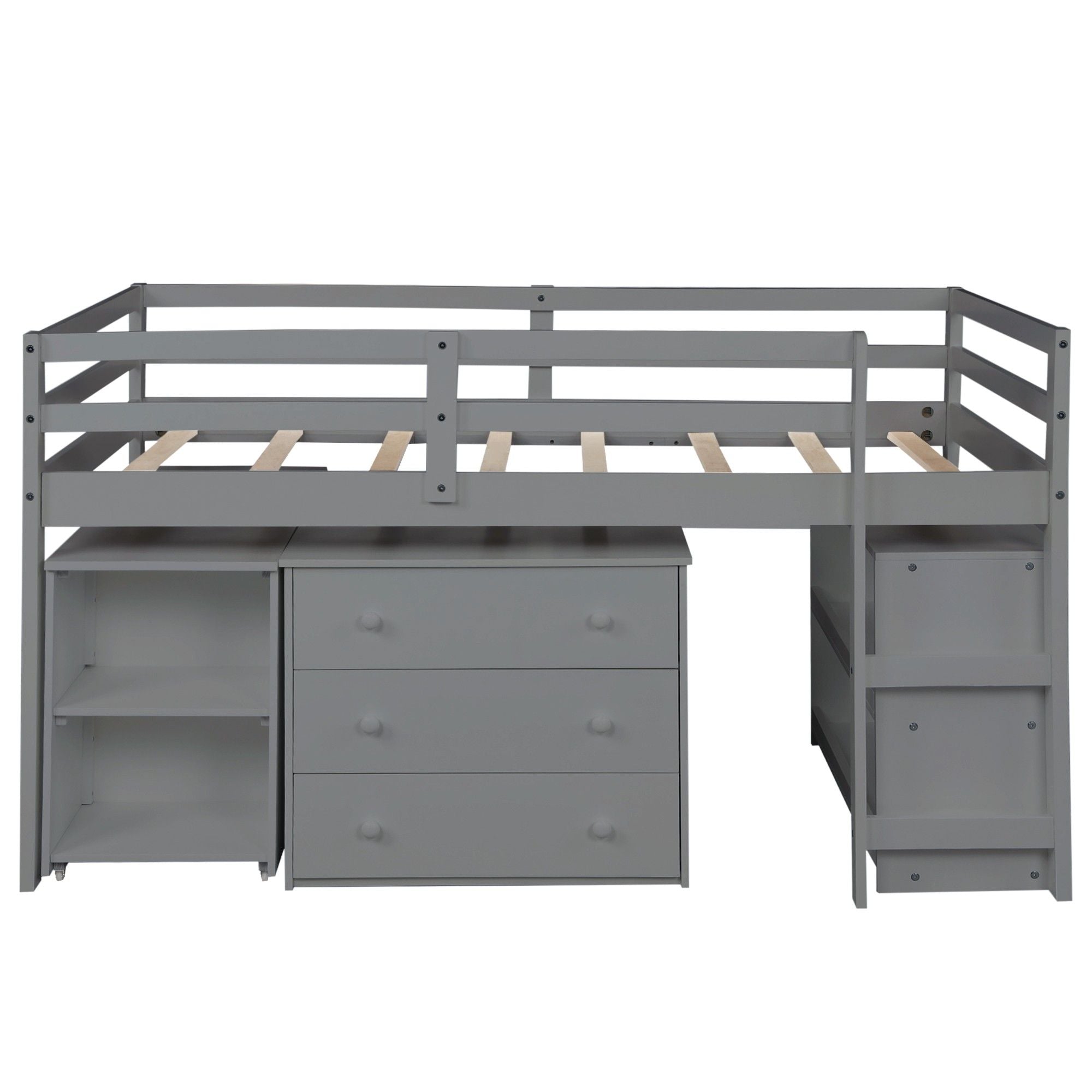 Low Twin Loft Bed With Cabinet and Desk - Gray