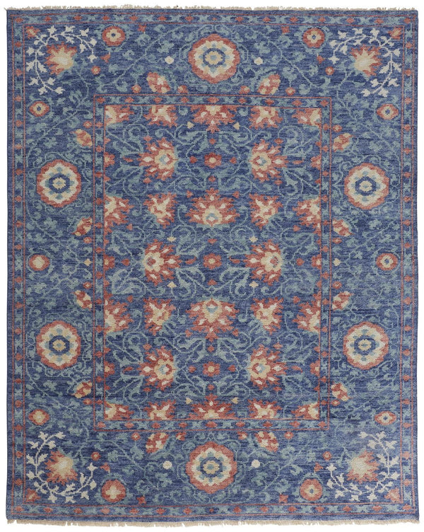 Floral Hand Knotted Stain Resistant Area Rug - Blue And Red Wool - 12' X 15'