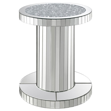 Dorielle - Round Mirrored Acrylic Crystal Side Table - Silver by CoasterElevations | Bel Furniture