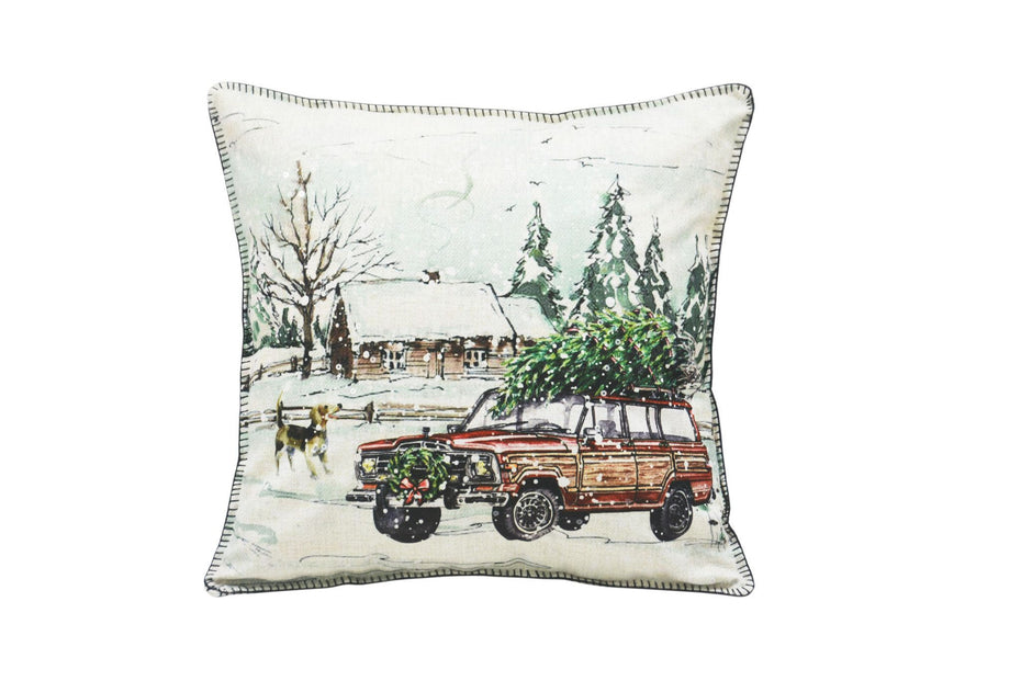 18"Lx18"D Snowy Christmas Tree And Lodge Throw Pillow - Green And White