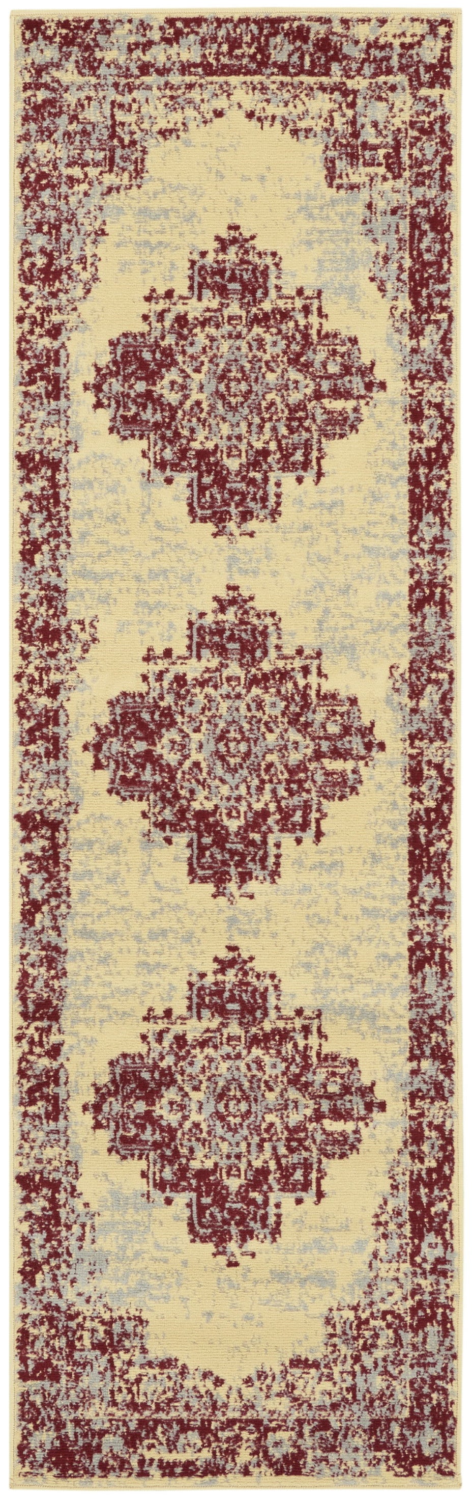Damask Power Loom Runner Rug - Cream And Red - 8'