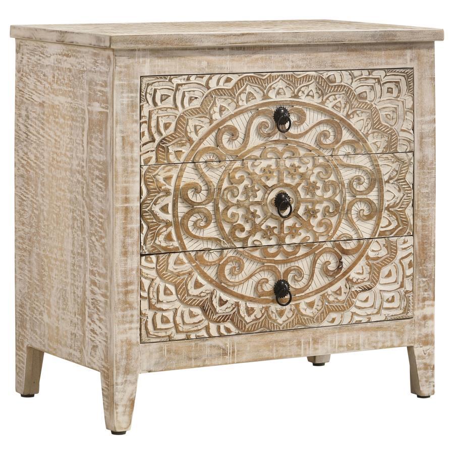 Mariska - 3-Drawer Wood Mandala Cabinet - Distressed White by Coaster Fine Furniture | Bel Furniture