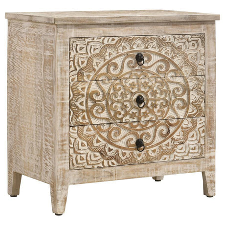 Mariska - 3-Drawer Wood Mandala Cabinet - Distressed White by Coaster Fine Furniture | Bel Furniture