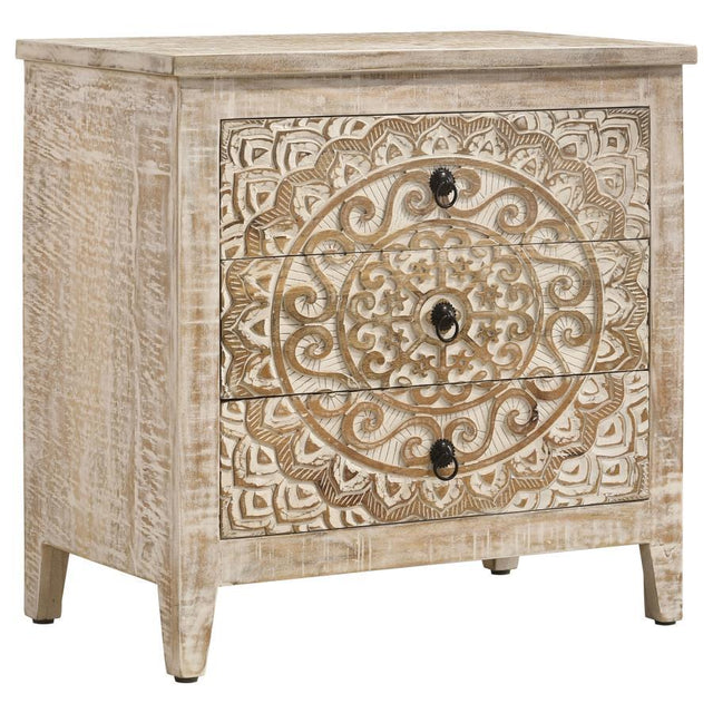 Mariska - 3-Drawer Wood Mandala Cabinet - Distressed White by Coaster Fine Furniture | Bel Furniture