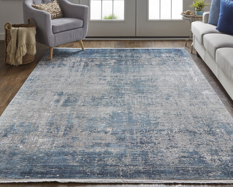 Abstract Power Loom Distressed Area Rug With Fringe - Blue Gray And Silver - 10' X 13'