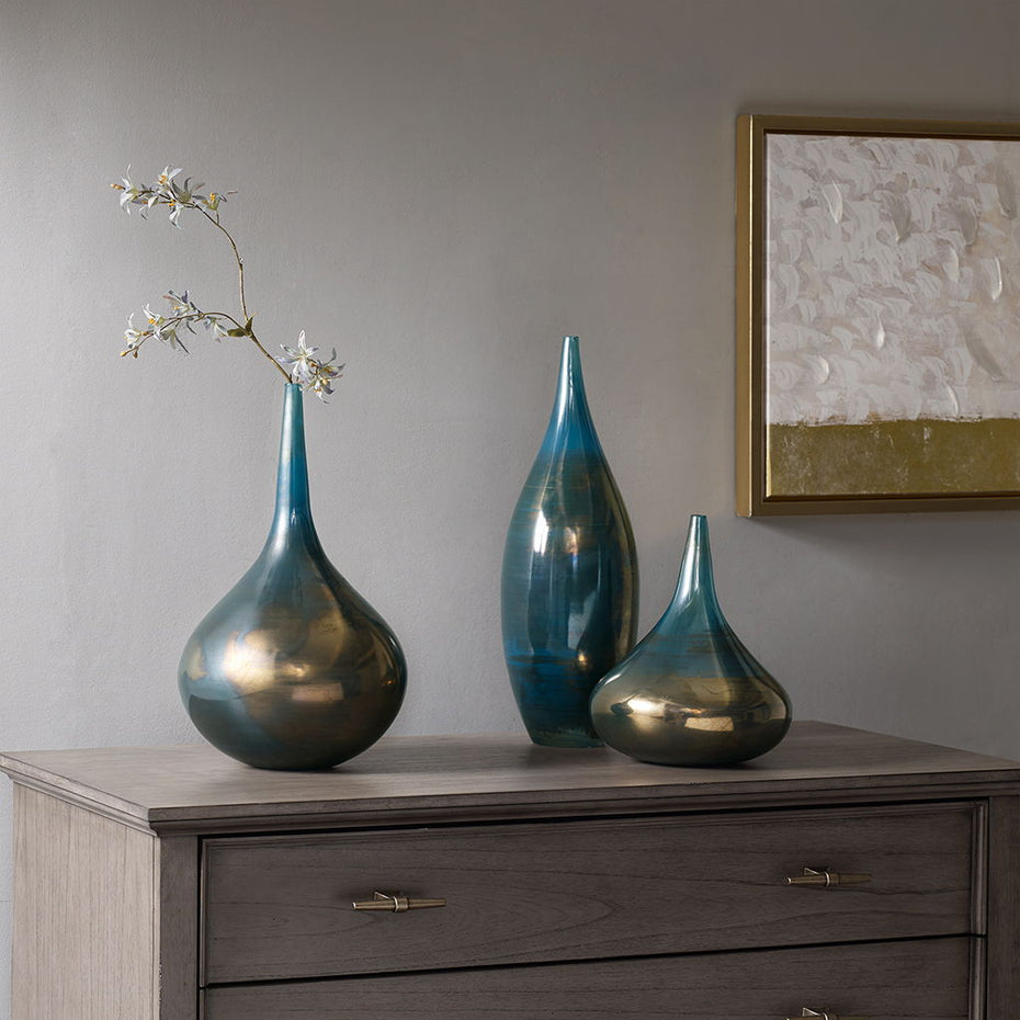 Lucia - Handmade Rainbow Vase (Set of 3) - Blue Metal