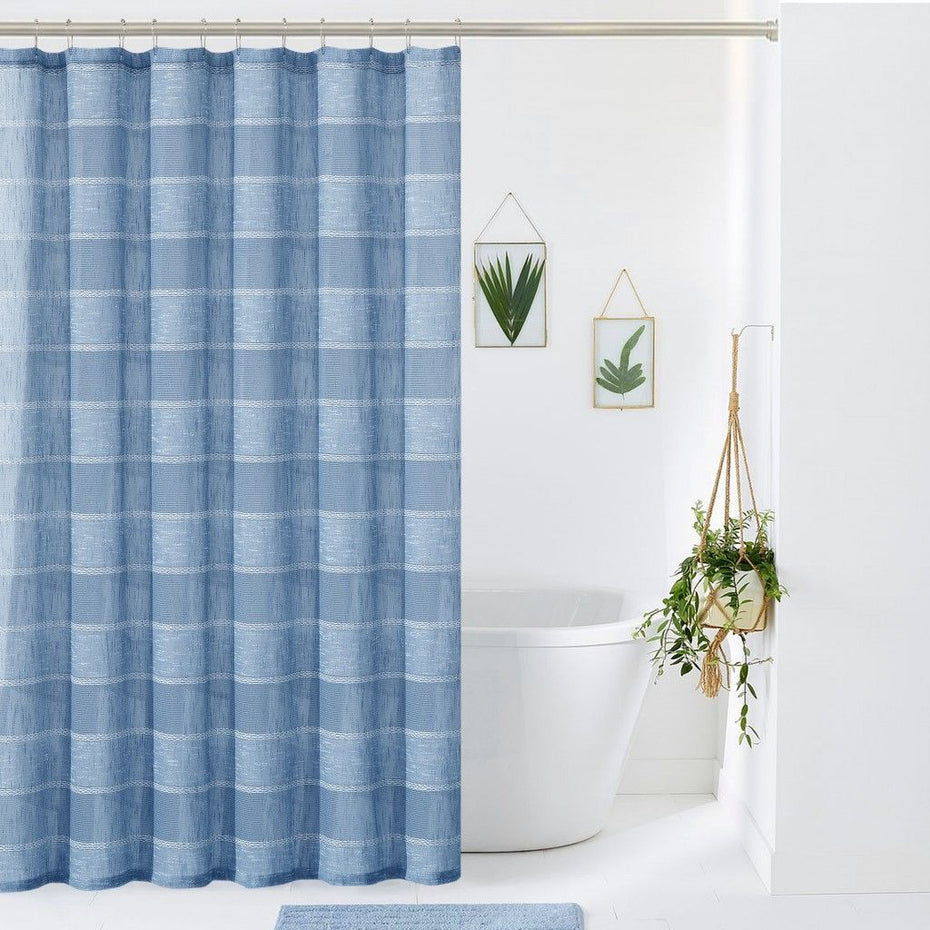 Striped Embroidered Shower Curtain - Blue
