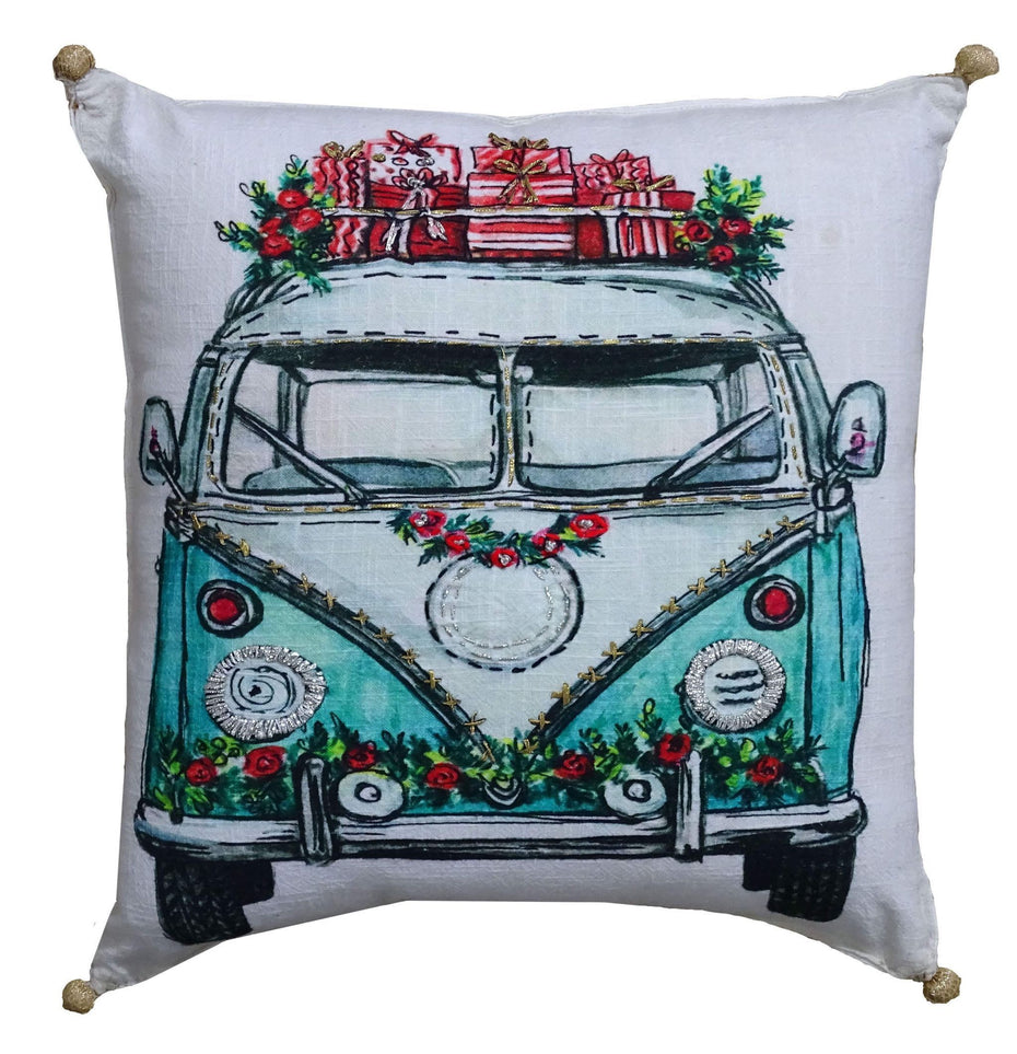 18"Lx18"D Zippered Handmade Cotton Blend Christmas Holiday Van Throw Pillow With Embroidery - Red And Green