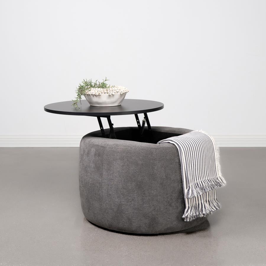 Tesoro - Round Upholstered Lift Top Storage Ottoman - Gray