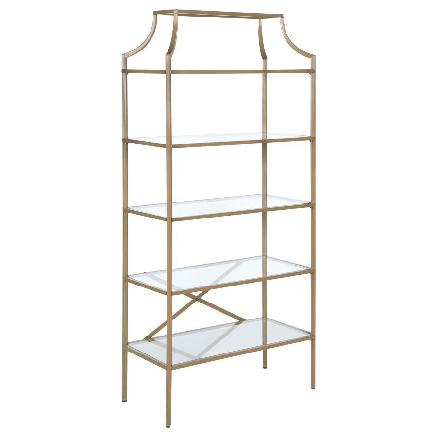 Serena - 5-Shelf Glass Bookshelf - Gold by CoasterEssence | Bel Furniture