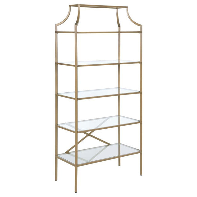 Serena - 5-Shelf Glass Bookshelf - Gold by CoasterEssence | Bel Furniture