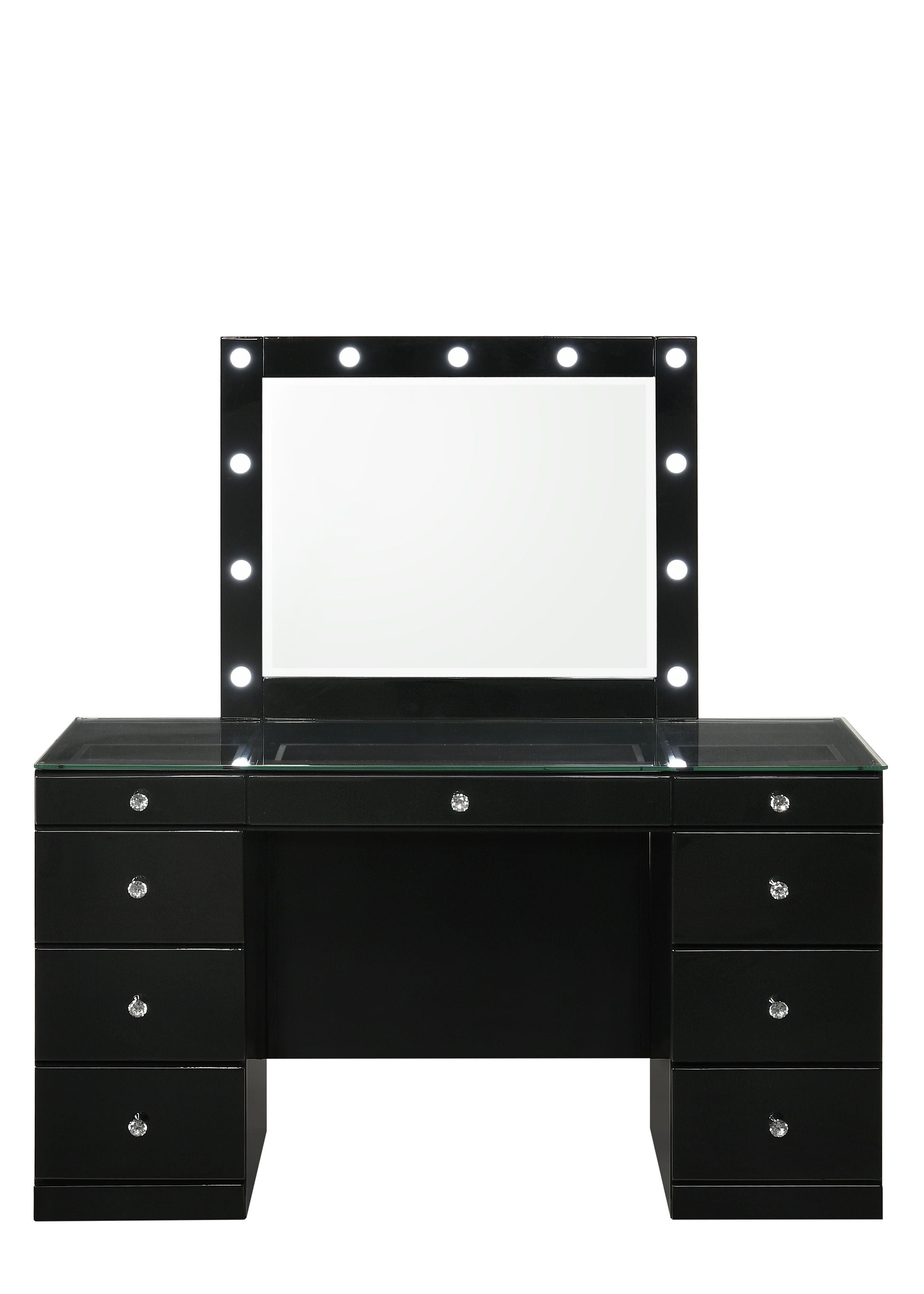 Avery - Vanity Desk With Glass Top, Led Mirror & Stool - Black