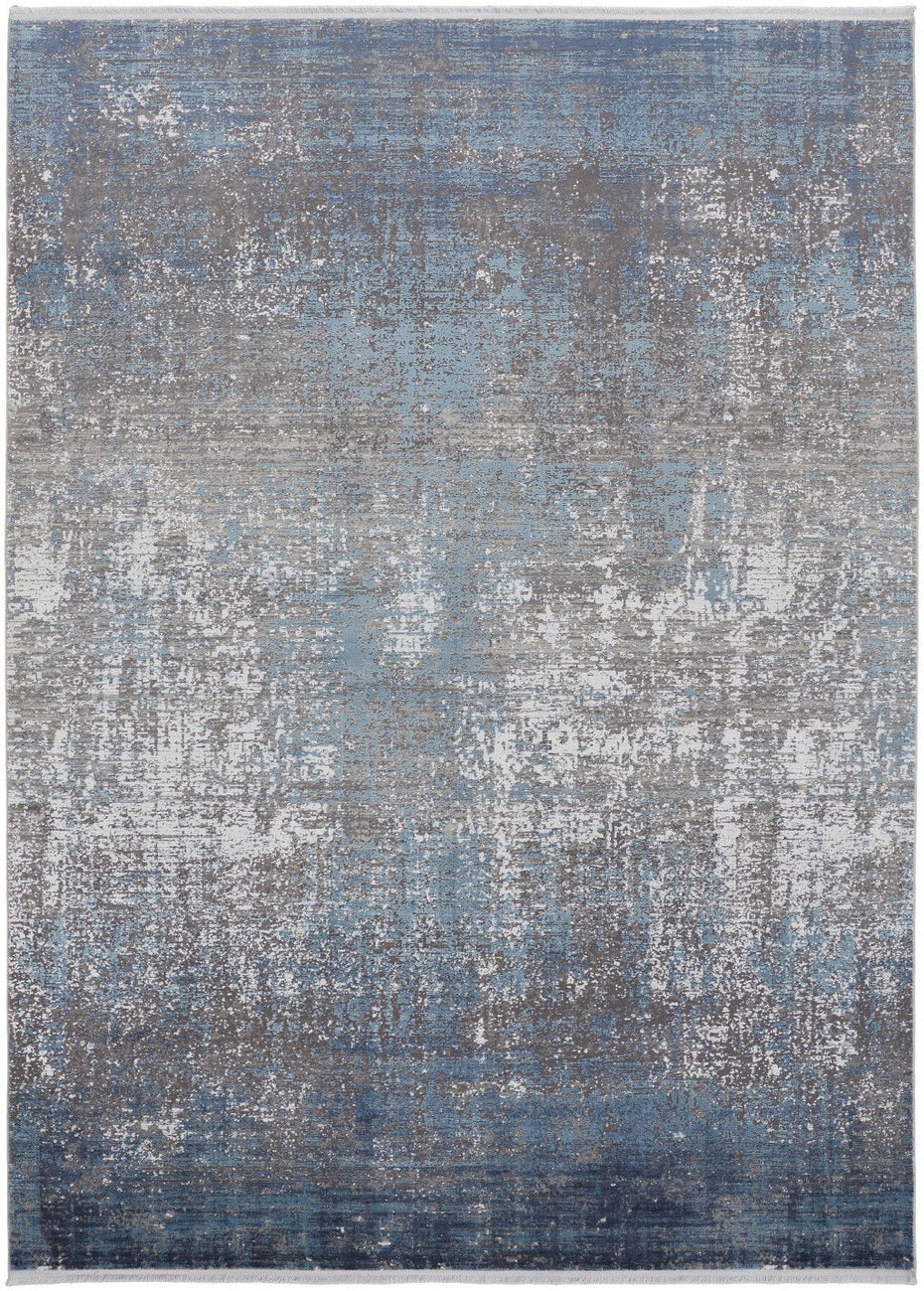 Abstract Power Loom Distressed Area Rug With Fringe - Blue Gray And Silver - 10' X 13'