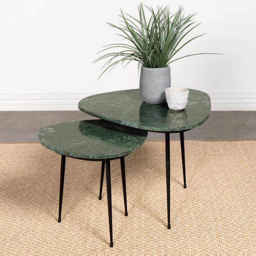 Tobias - 2 Piece Triangular Marble Top Nesting Table Green - Green Marble