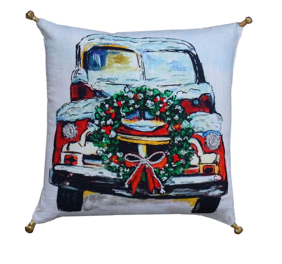 18"Lx18"D Handmade Christmas Car Throw Pillow With Pom Poms - Red And Green