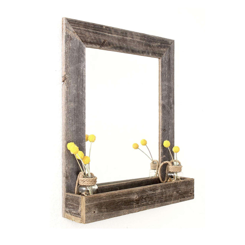 Rustic Reclaimed Wood Plank Mirror With Shelf - Weathered Gray