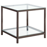 Trini - 1-Shelf Glass Top Side End Table - Black Nickel by CoasterEssence | Bel Furniture